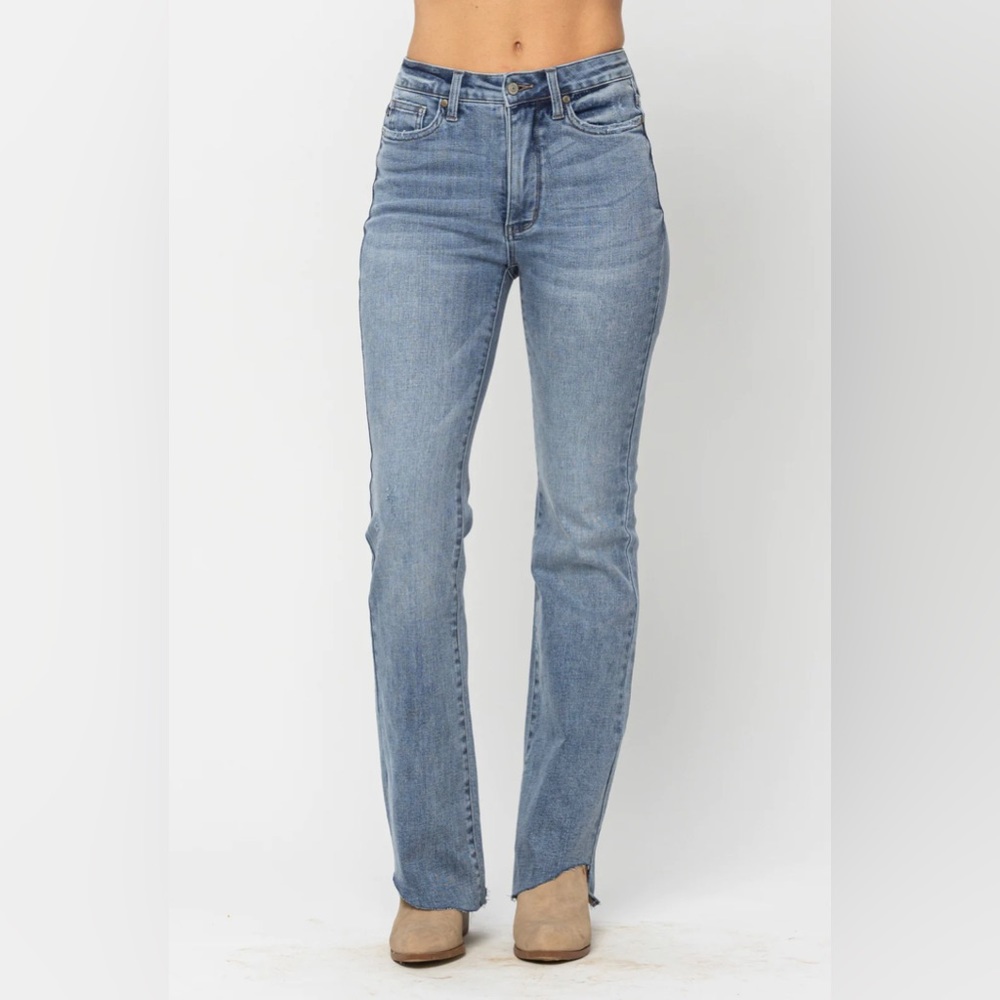 Judy Blues Control Top Raw Hem Slim Bootcut Jeans
